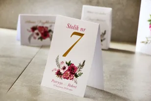 Numery stolików, stół weselny, Ślub - Cykade nr 5 ze złoceniem - Fioletowe kwiaty w chłodnych barwach
