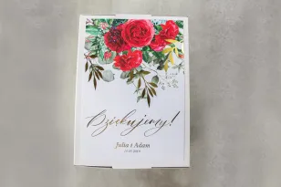 Hochzeitsumschlagbox - Vorderseite der Box mit goldenen Zweigen und weinroten Rosen