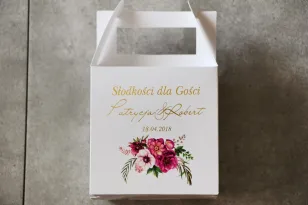 Schachtel für quadratische Torte, Hochzeitstorte - Zikade Nr. 5 mit Vergoldung - Intensive violette Blüten