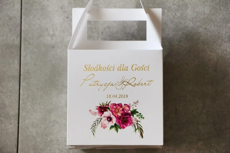 Pudełko na ciasto weselne kwadratowe - Cykade nr 5 - Fioletowe kwiaty