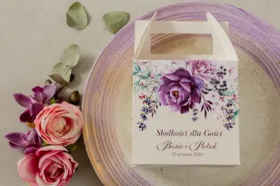 Lila quadratische Hochzeitstortenschachtel mit Lavendelzweigen bedruckt
