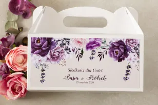 Lila rechteckige Hochzeitstortenschachtel mit Lavendelzweigen bedruckt