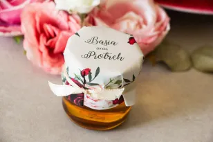 Honey - Danke, Geschenke für Hochzeitsgäste. Mütze mit Aufdruck aus pastellfarbenen Dahlien und weißen Anemonen