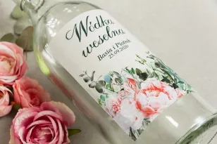Hochzeit Selbstklebende Etiketten für Flaschen mit rosa Pfingstrosen und Rosen mit Eukalyptuszweigen