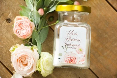 Świeczki Ślubne w Szkle z Delikatnym Różowym Bukietem | Upominki Weselne dla Gości