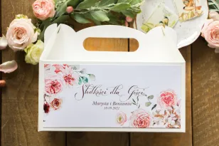 Danke an die Hochzeitsgäste - Rechteckige Schachtel für Hochzeitstorte mit einer Komposition aus einem zarten, rosa Blumenstrauß