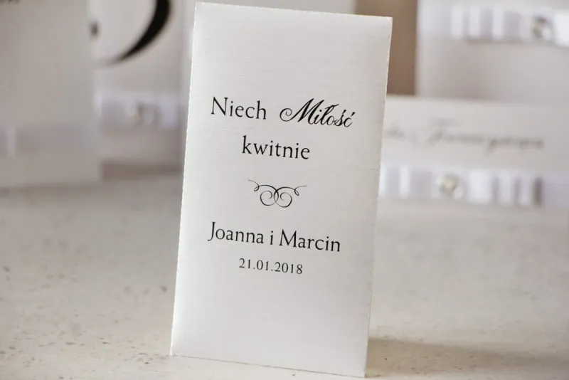 Podziękowania dla Gości weselnych - nasiona Niezapominajki - Perłowe Amaretto, o fakturze lnu, eleganckie Podziękowania dla Gości weselnych - nasiona Niezapominajki - Perłowe Amaretto, o fakturze lnu, eleganckie
