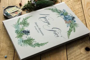 Ślubna, weselna Księga Gości z motywem bawełny, piernika i niebiesko-zielonych gałązek