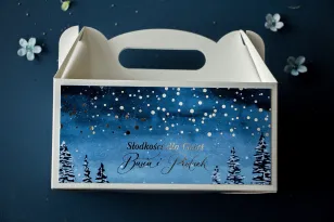 Prostokątne Pudełko na Ciasto Weselne w stylu glamour ze srebrzonymi kropeczkami i mieniącym się tekstem