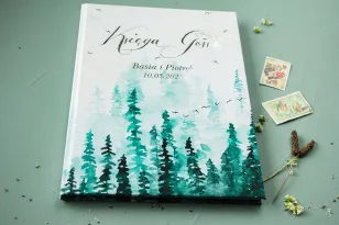 Księga Gości Weselnych Leśny Pejzaż Akwarela Srebrzona | Personalizowana Pamiątka Ślubna | Pastelowe Nr 7