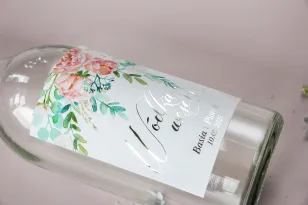 Selbstklebende Etiketten für Hochzeitsflaschen, Hochzeitsflaschen im Glamour-Stil mit Versilberung, Pfingstrose und Eukalyptus