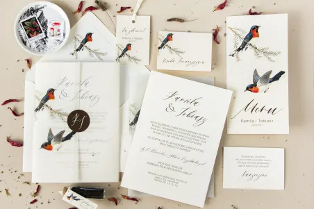 Retro zaproszenia ślubne z grafiką ptaków w stylu vintage