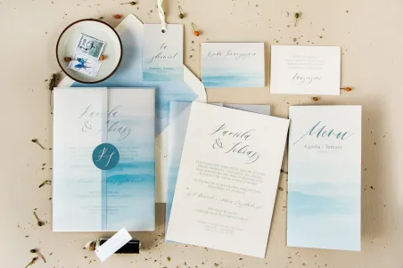 Moderne Hochzeitseinladungen mit Aquarellgrafiken. Es handelt sich um eine cremeblaue Komposition, die durch ein Perlengehäuse e