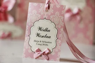 Flaschenanhänger, Hochzeit Wodka, Hochzeit - Ornament Nr. 1 - Puderrosa, Perlenpapier mit Schleife