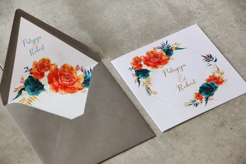 Zaproszenia ślubne z kopertą - Cykade nr 6 ze złoceniem - Kompozycja kwiatów pomarańczowych i szmaragdowych