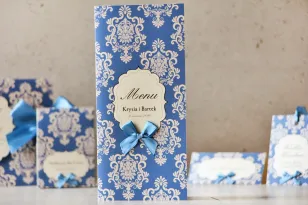 Menu weselne, stół weselny - Ornament nr 2 - Papier perłowy z kokardką, chabrowe ornamenty