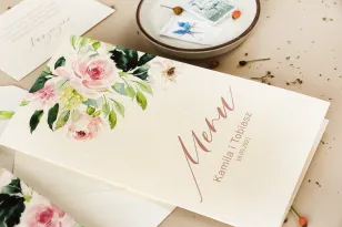 Hochzeitsmenü - für Hochzeitstische - auf Perlenpapier mit Pfingstrose in Cremefarben mit Zusatz von Pastellrosa und Weiß