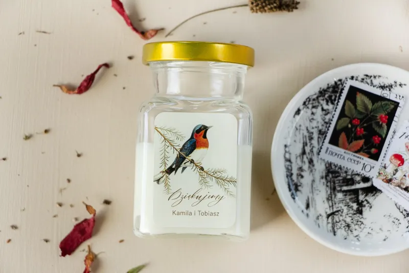 Świeczki Ślubne - Prezenty dla gości weselnych, etykieta z grafiką ptaków w stylu vintage