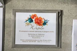 Bilecik dwuwarstwowy prezenty ślubne wesele - Cykade nr 6 ze złoceniem - intensywnie pomarańczowe i szmaragdowe kwiaty