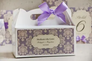 Prostokątne pudełko na ciasto, tort weselny, ślub - Ornament nr 3 - liliowe z ornamentami i kokardą