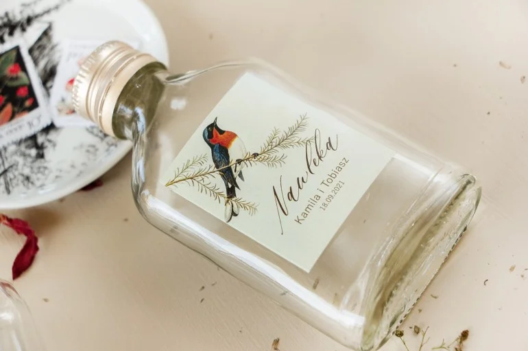 Eleganckie butelki na nalewki z ptakami vintage | Upominki dla gości weselnych