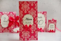 Menu Weselne Amarantowe z Kokardką Ornament | Amelia-Wedding