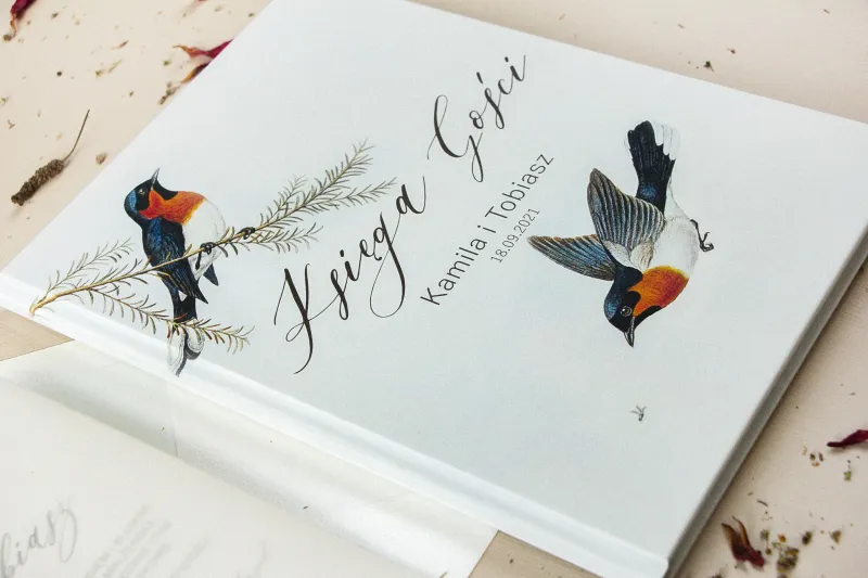 Ślubna Księga Gości z grafiką ptaków w stylu vintage