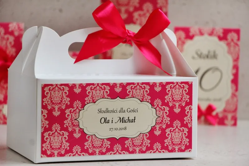 Prostokątne pudełko na ciasto, tort weselny, ślub - Ornament nr 5 - Intensywny amarant
