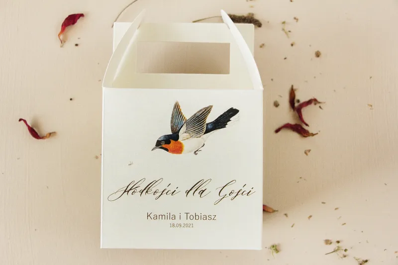 Podziękowania dla gości ślubnych - Pudełko na Ciasto weselne z grafiką ptaków w stylu vintage