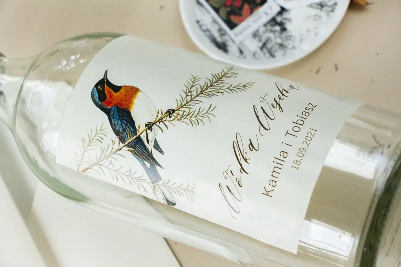 Ślubne Etykiety samoprzylepne na butelki weselne z grafiką ptaków w stylu vintage