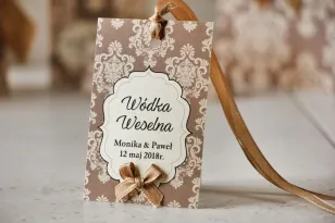 Flaschenanhänger, Hochzeitswodka, Hochzeit - Ornament Nr. 6 - Braun-Creme mit Ornamenten und Schleife, elegante