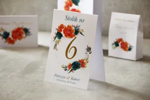 Tischnummern, Hochzeitstisch, Hochzeit - Zikade Nr. 6 mit Vergoldung - Orange-smaragdgrüne Blüten
