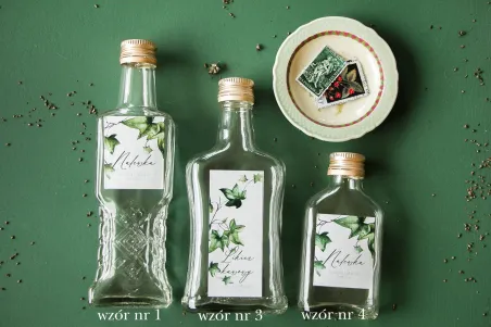 Ślubne Butelki na nalewki, prezenty dla Gości. Etykieta z bluszczem w stylu greenery