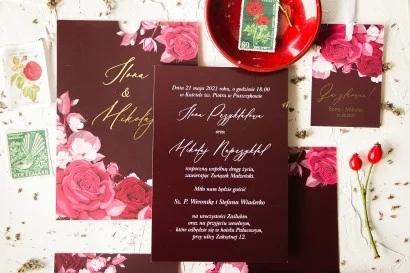 Burgundowe Zaproszenia na Wesele ze Złoceniami i Kwiatową Grafiką | Eleganckie Zaproszenia Ślubne | Serenity nr 2
