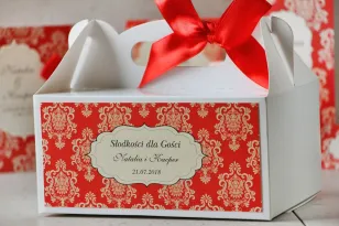 Prostokątne pudełko na ciasto, tort weselny, ślub - Ornament nr 8 - czerwone z ornamentami i kokardą