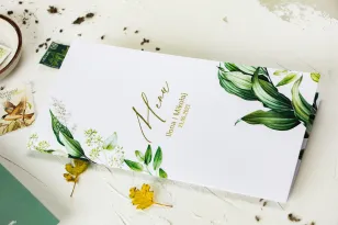 Botaniczne Menu Ślubne w stylu vintage z roślinną grafiką i złoceniem