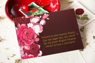 Burgundowy Bilecik do zaproszeń ślubnych ze złoceniami i kwiatowym motywem