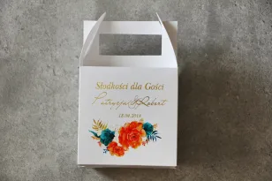 Pudełko na ciasto kwadratowe, tort weselny - Cykade nr 6 ze złoceniem - Intensywnie pomarańczowe kwiaty