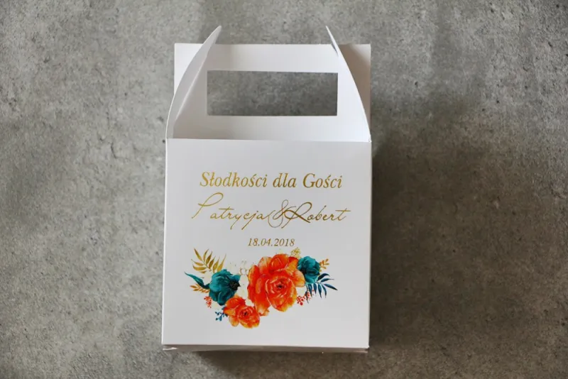 Pudełko na ciasto kwadratowe, tort weselny - Cykade nr 6 ze złoceniem - Intensywnie pomarańczowe kwiaty Pudełko na ciasto kwadratowe, tort weselny - Cykade nr 6 ze złoceniem - Intensywnie pomarańczowe kwiaty