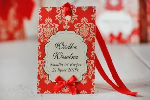 Zawieszka na butelkę, wódka weselna, ślub - Ornament nr 8 - Czerwone z ornamentami, eleganckie dodatki weselne, dodatki na ślub