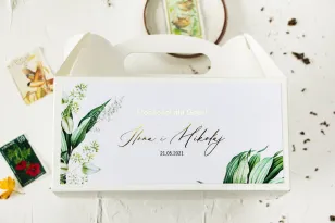 Botaniczne pudełko na ciasto weselne (prostokątne) ze złoceniami w stylu vintage z roślinną grafiką