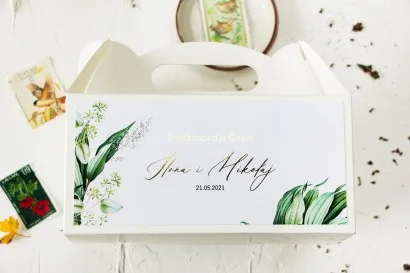 Pudełko na Ciasto ślubne ze złoceniami w stylu vintage z roślinną grafiką | Serenity nr 1 - prostokątne