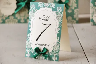 Tischnummern, Hochzeitstisch, Hochzeit - Ornament Nr. 9 - Smaragd mit Schleife, auf Perlenpapier