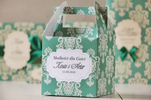 Schachtel für quadratische Torte, Hochzeitstorte - Ornament Nr. 9 - Smaragd mit Ornamenten