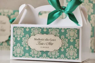 Prostokątne pudełko na ciasto, tort weselny, ślub - Ornament nr 9 - Szmaragdowe z ornamentami i kokardą
