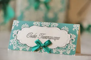 Vignetten für die Hochzeitstafel, Hochzeit - Ornament Nr. 9 - Smaragd mit Schleife, Perlenpapier, mit Ornamenten