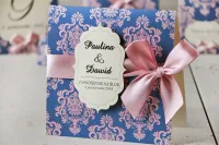 Niebieskie Zaproszenia Ślubne z Różową Wstążką | Perłowe