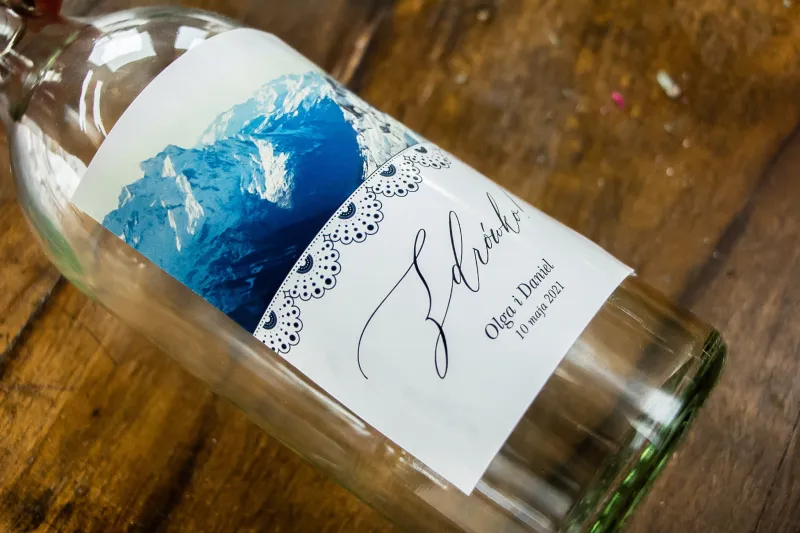 Ślubne Etykiety samoprzylepne na butelki weselne z motywem gór