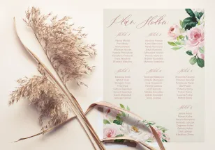 Hochzeitstischplan mit Pfingstrose in Cremefarben mit dem Zusatz von Pastellrosa und Weiß