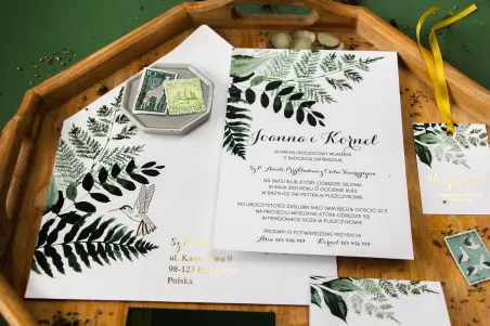 Jednokartkowe zaproszenia ślubne z botanicznym motywem. Zaproszenia ślubne z paprocią i zielonymi gałązkami